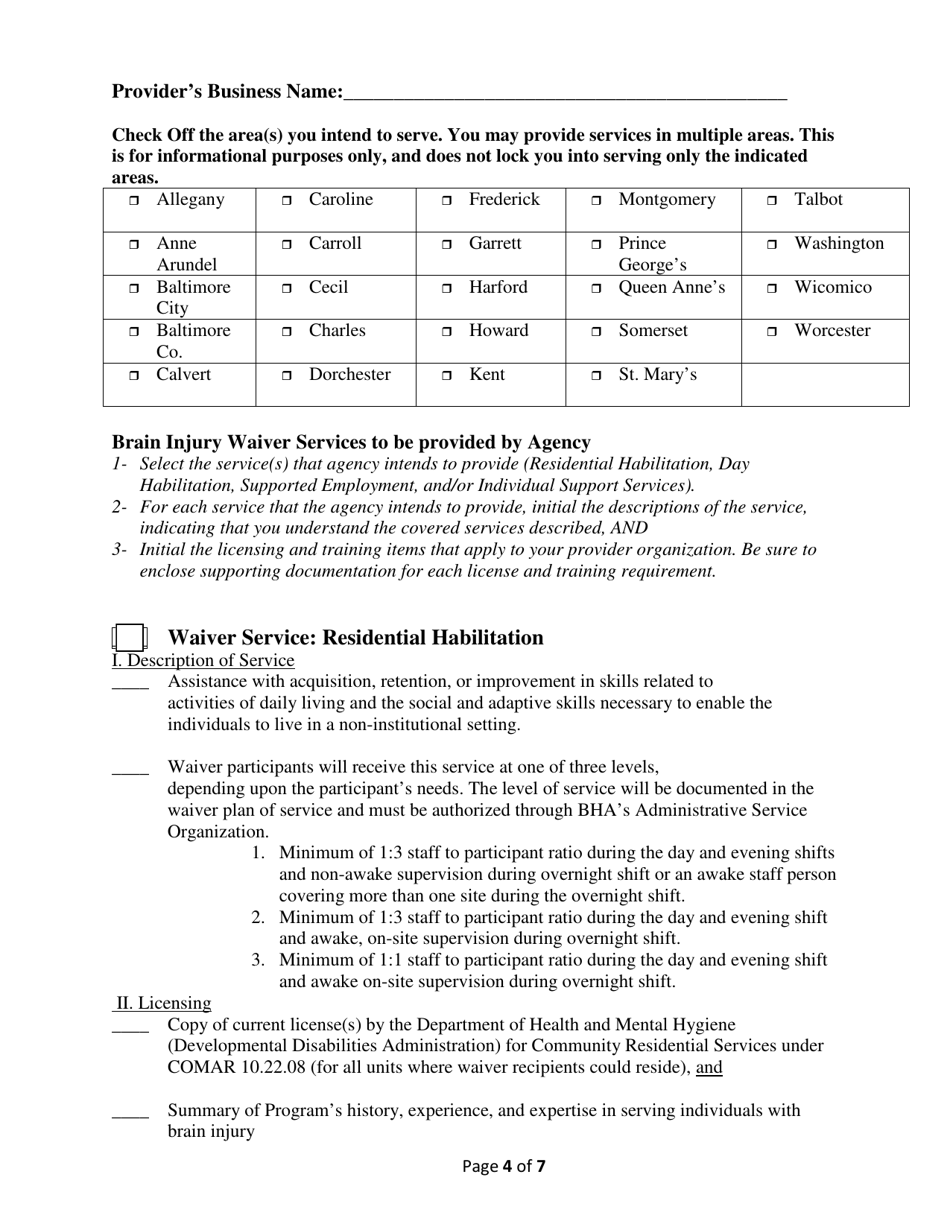 Addendum Cover Page for Maryland Medical Assistance Program Application - Facility / Organization - Pt 86 Brain Injury Waiver - Maryland, Page 4