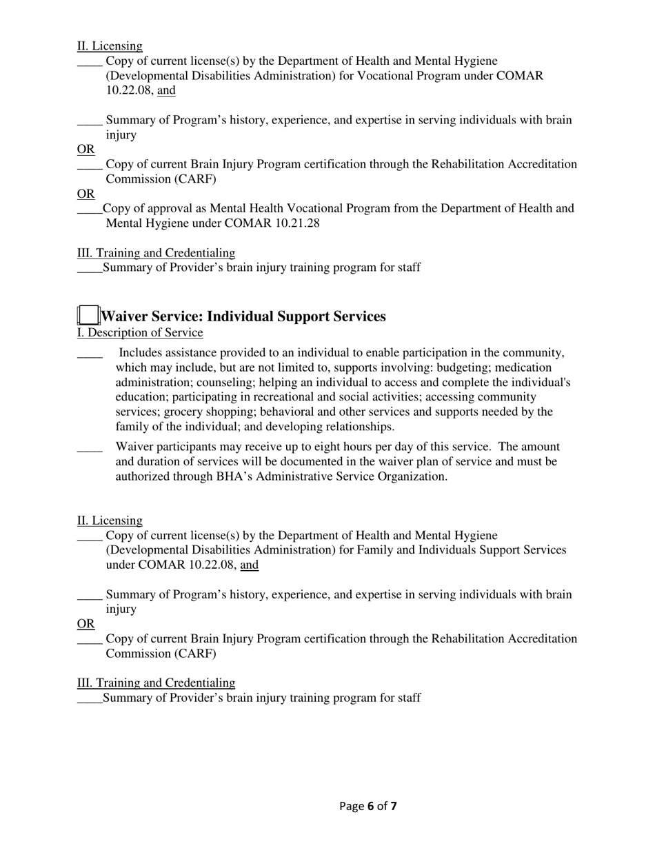 Addendum Cover Page for Maryland Medical Assistance Program Application - Facility / Organization - Pt 86 Brain Injury Waiver - Maryland, Page 6