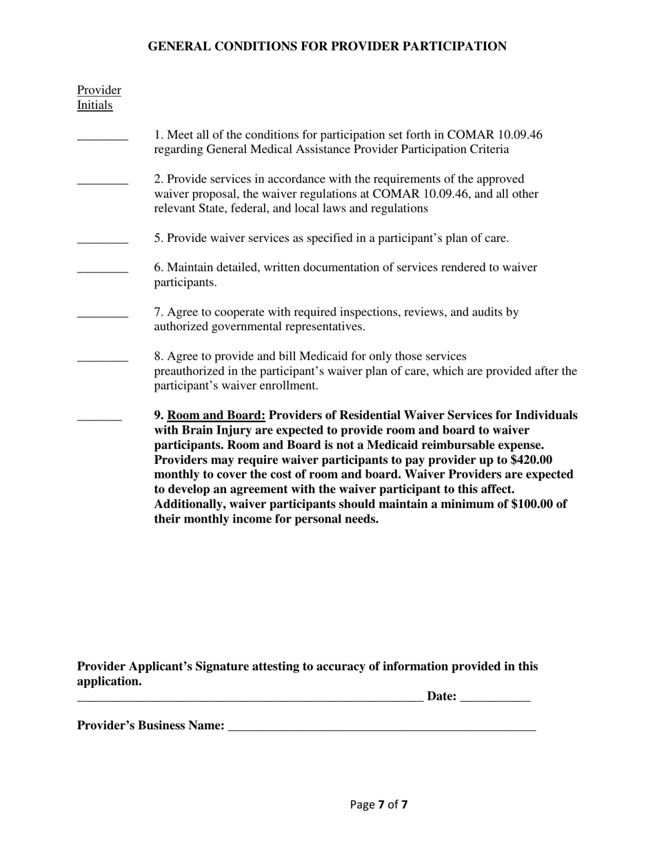 Addendum Cover Page for Maryland Medical Assistance Program Application - Facility / Organization - Pt 86 Brain Injury Waiver - Maryland, Page 7
