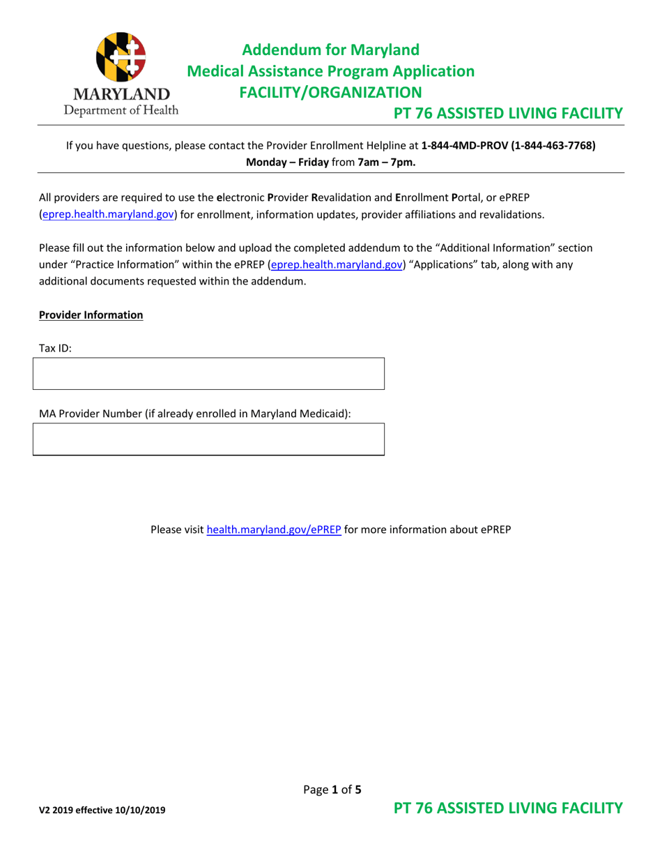 Addendum for Maryland Medical Assistance Program Application - Facility / Organization - Pt 76 Assisted Living Facility - Maryland, Page 1