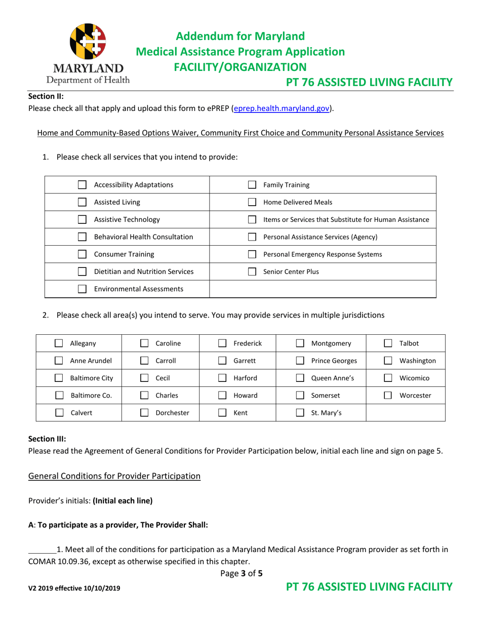 Addendum for Maryland Medical Assistance Program Application - Facility / Organization - Pt 76 Assisted Living Facility - Maryland, Page 3