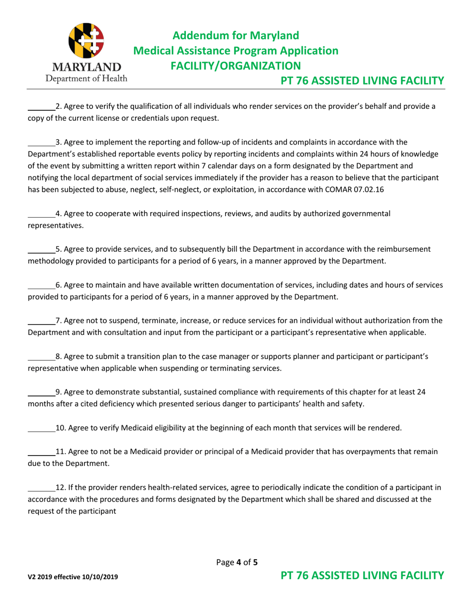 Addendum for Maryland Medical Assistance Program Application - Facility / Organization - Pt 76 Assisted Living Facility - Maryland, Page 4
