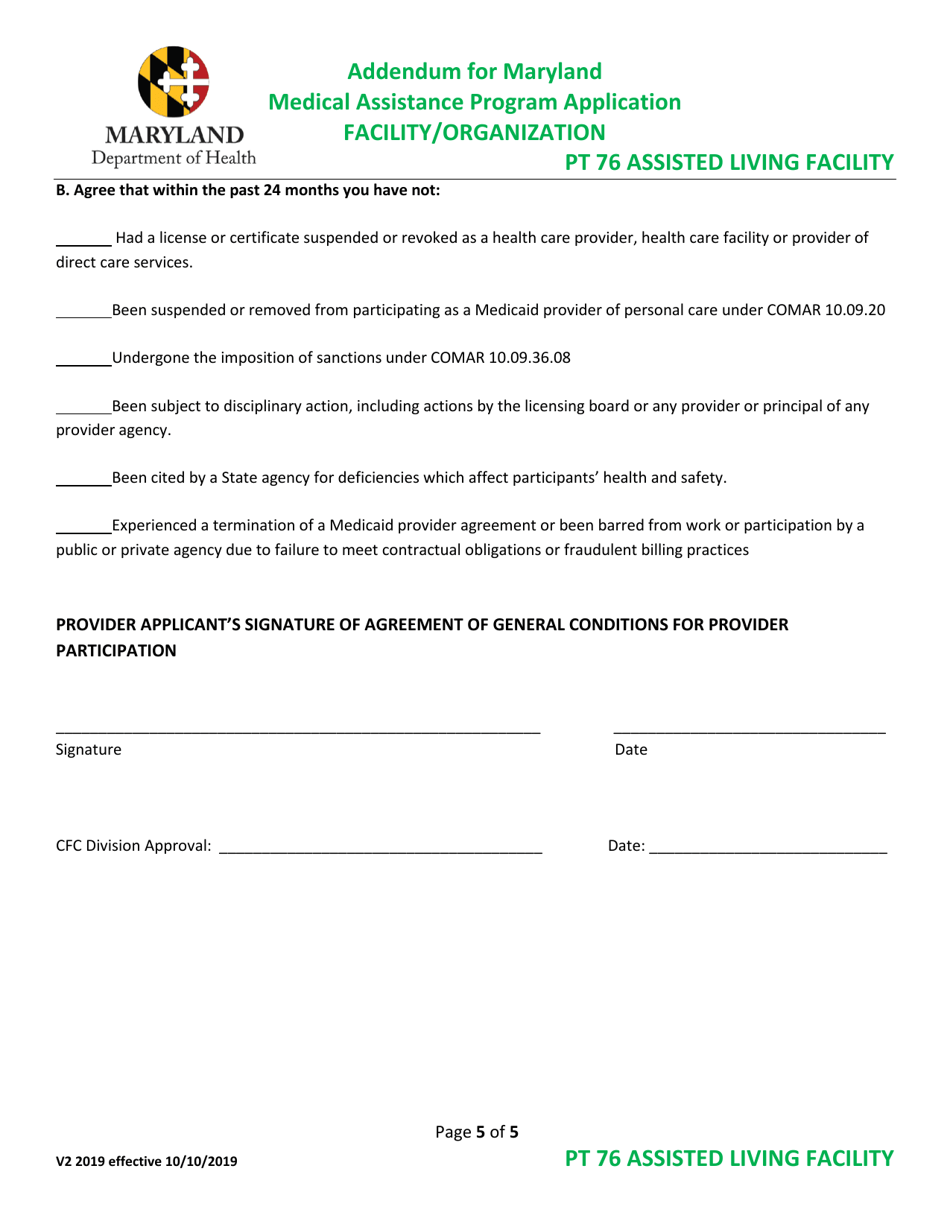 Addendum for Maryland Medical Assistance Program Application - Facility / Organization - Pt 76 Assisted Living Facility - Maryland, Page 5