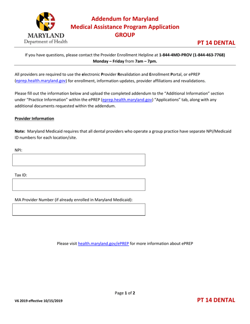 Addendum for Maryland Medical Assistance Program Application - Group - Pt 14 Dental - Maryland Download Pdf