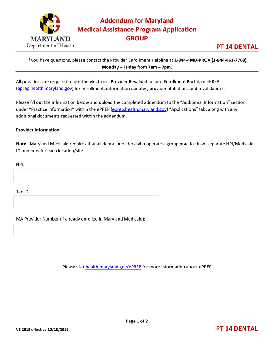 Addendum for Maryland Medical Assistance Program Application - Group - Pt 14 Dental - Maryland, Page 1