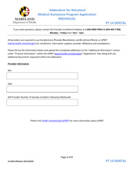 Document preview: Addendum for Maryland Medical Assistance Program Application - Individual - Pt 14 Dental - Maryland