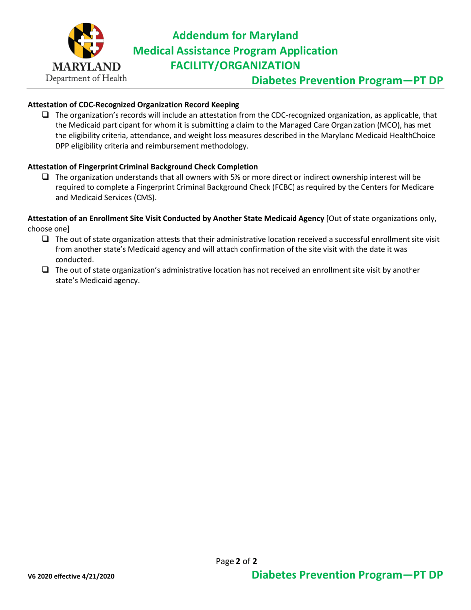 Addendum for Maryland Medical Assistance Program Application - Facility / Organization - Diabetes Prevention Program - Pt Dp - Maryland, Page 2