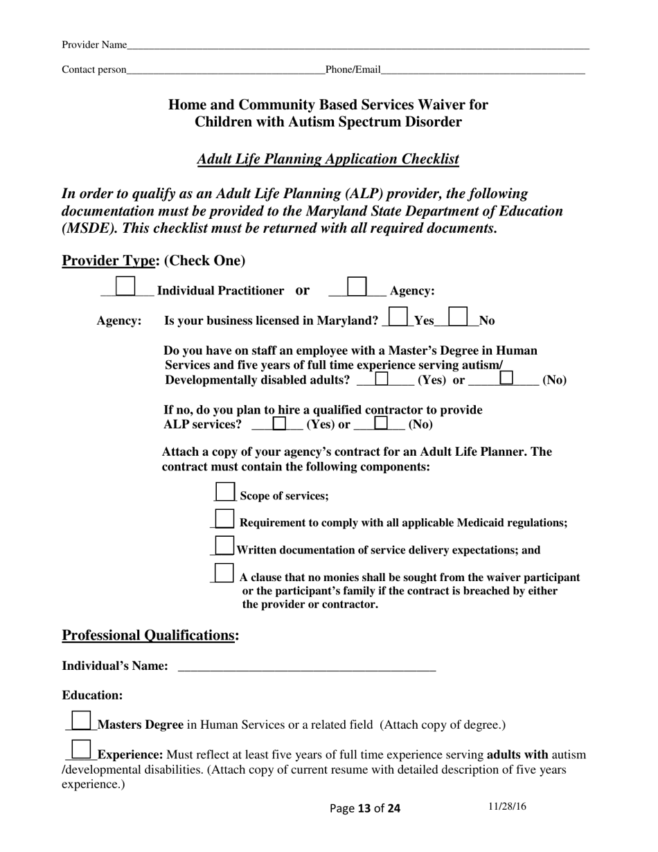 Addendum Cover Page for Maryland Medical Assistance Program Application - Facility / Organization - Pt 40 Autism Waiver - Maryland, Page 13