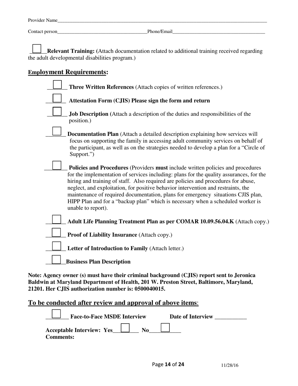 Addendum Cover Page for Maryland Medical Assistance Program Application - Facility / Organization - Pt 40 Autism Waiver - Maryland, Page 14