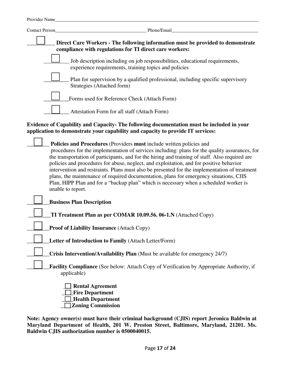 Addendum Cover Page for Maryland Medical Assistance Program Application - Facility / Organization - Pt 40 Autism Waiver - Maryland, Page 17