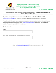 Addendum Cover Page for Maryland Medical Assistance Program Application - Facility/Organization - Pt 40 Autism Waiver - Maryland