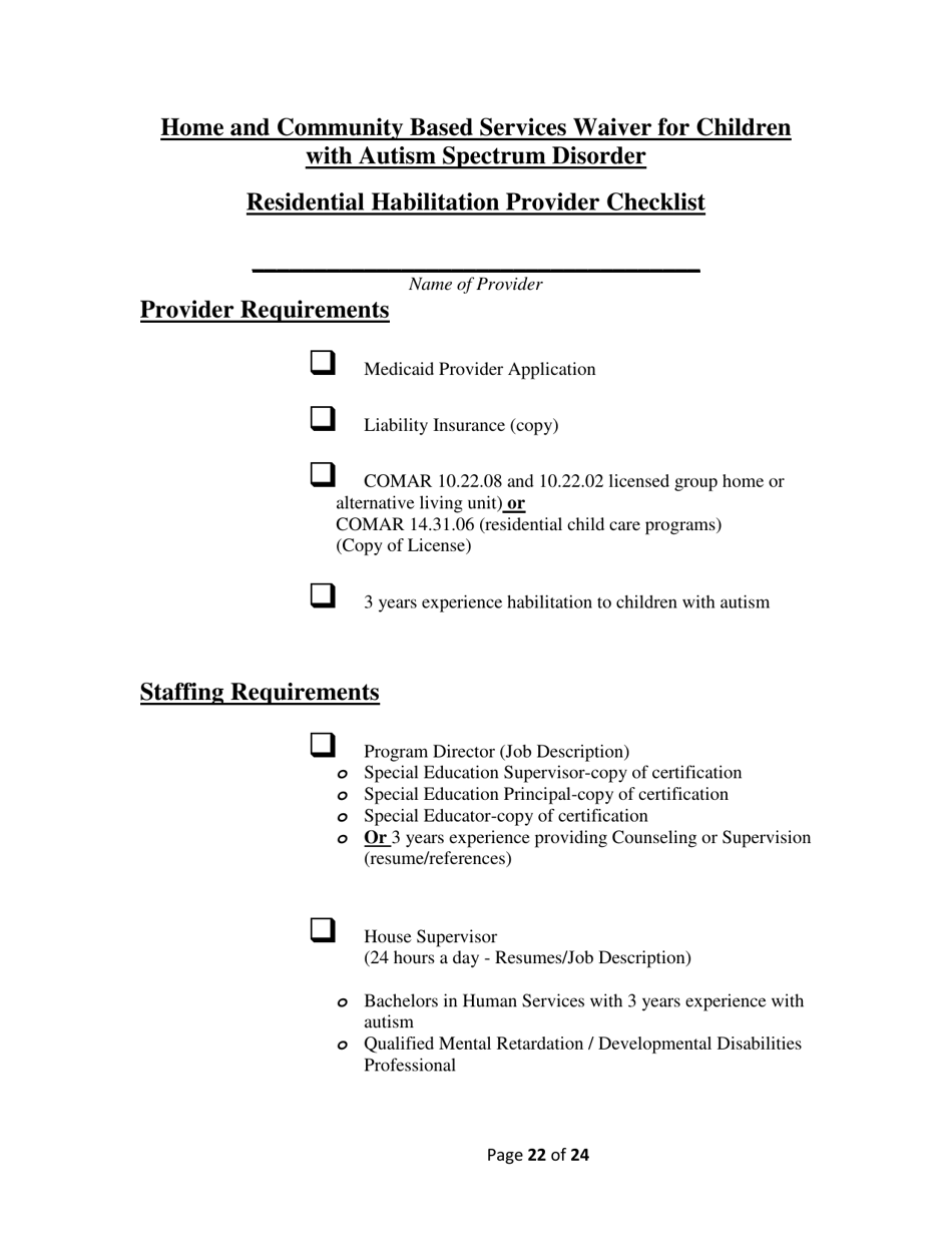 Addendum Cover Page for Maryland Medical Assistance Program Application - Facility / Organization - Pt 40 Autism Waiver - Maryland, Page 22