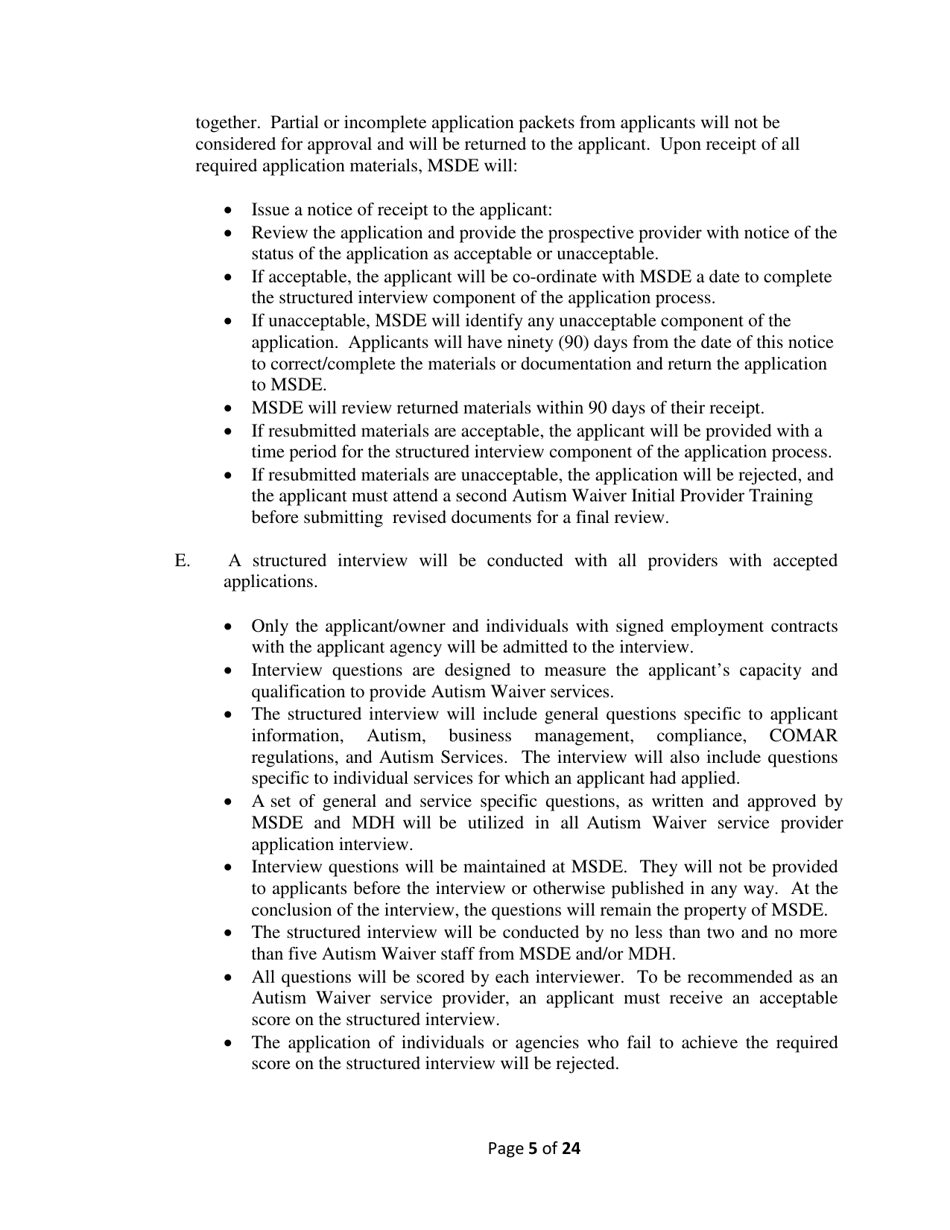 Addendum Cover Page for Maryland Medical Assistance Program Application - Facility / Organization - Pt 40 Autism Waiver - Maryland, Page 5