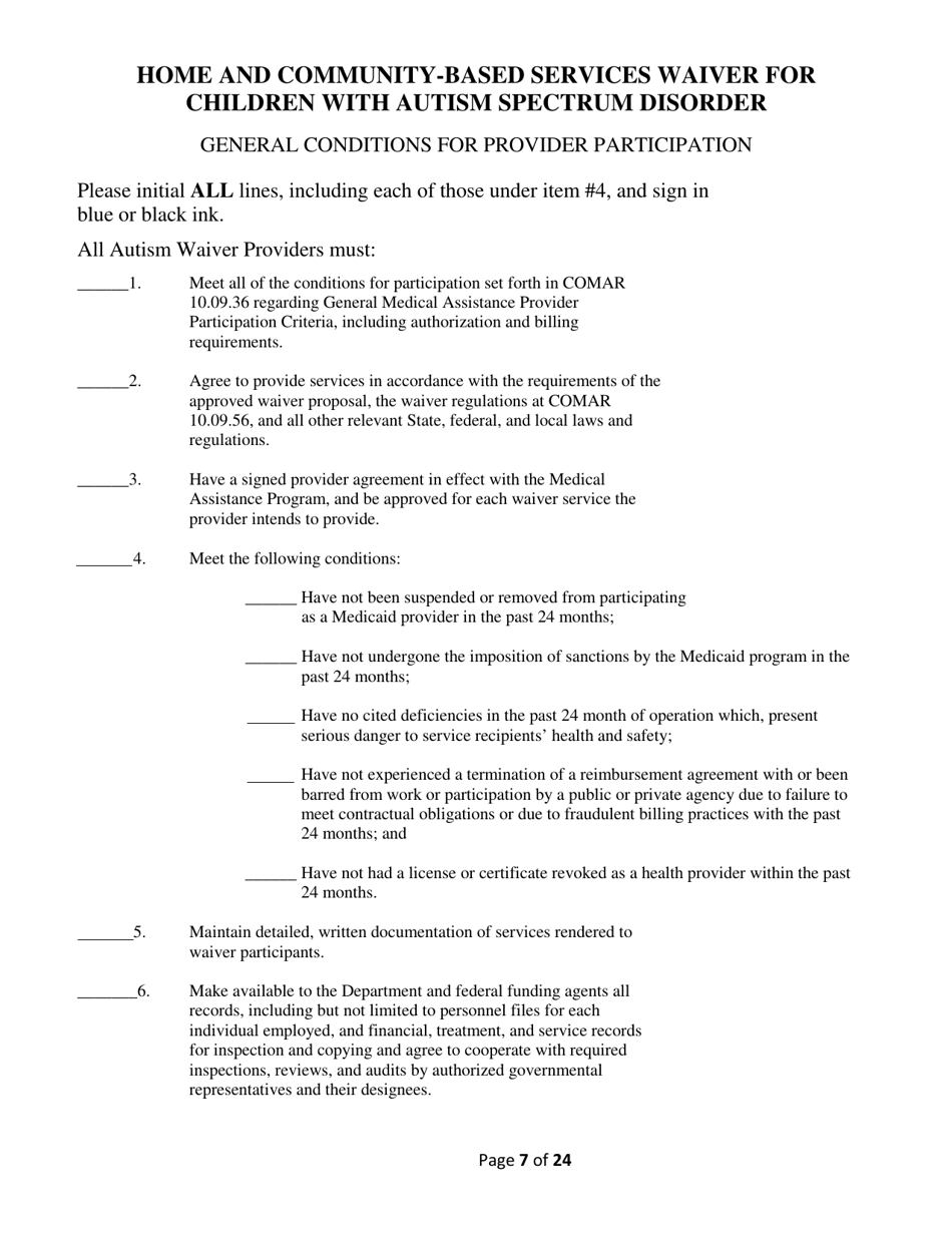 Addendum Cover Page for Maryland Medical Assistance Program Application - Facility / Organization - Pt 40 Autism Waiver - Maryland, Page 7