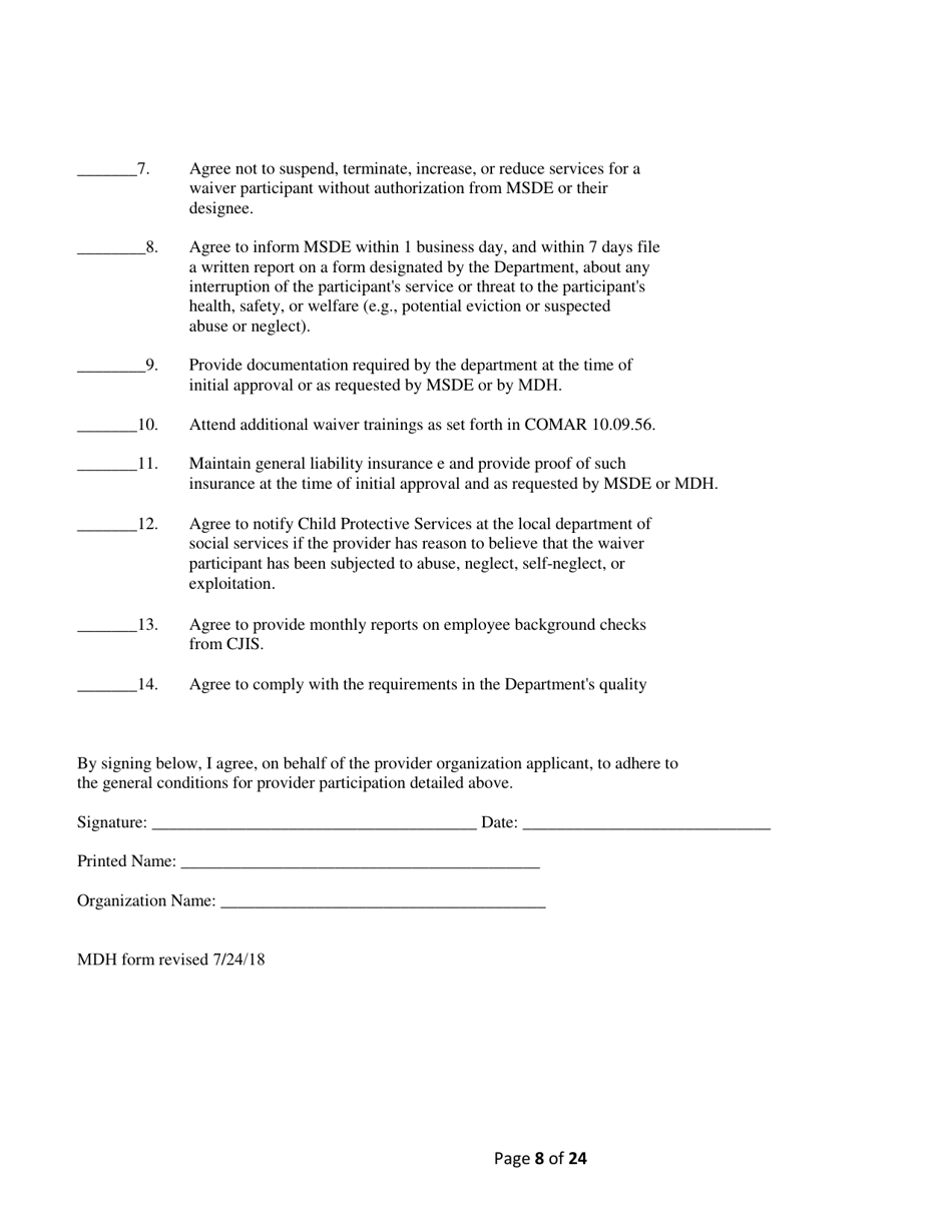 Addendum Cover Page for Maryland Medical Assistance Program Application - Facility / Organization - Pt 40 Autism Waiver - Maryland, Page 8