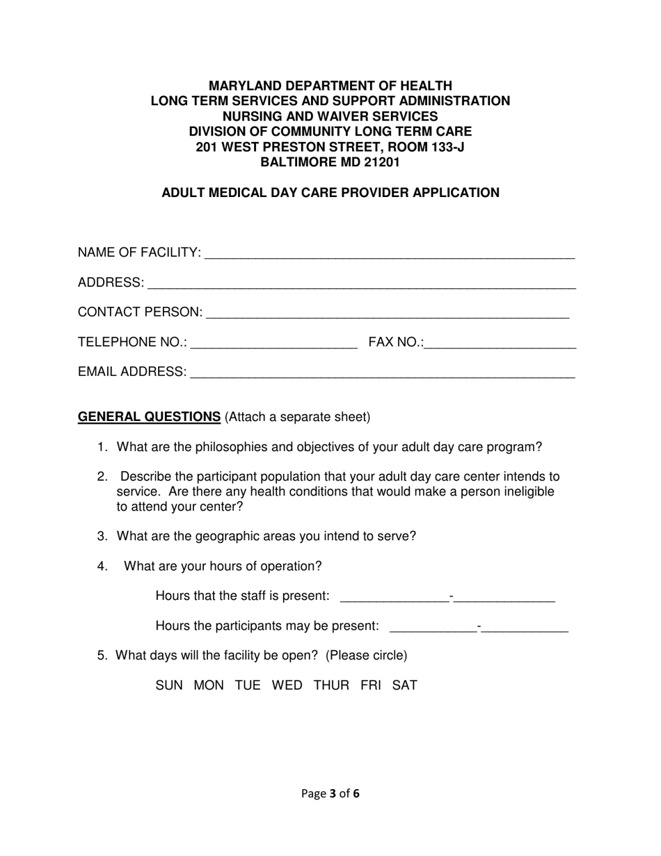 Addendum Cover Page for Maryland Medical Assistance Program Application - Facility / Organization - Pt 42 Medical Day Care - Adults - Maryland, Page 3