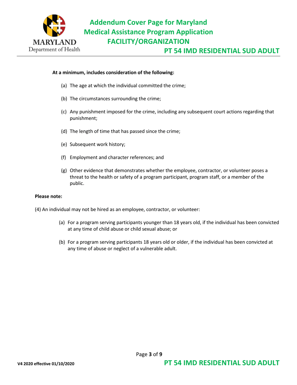 Addendum Cover Page for Maryland Medical Assistance Program Application - Facility / Organization - Pt 54 Imd Residential Sud Adult - Maryland, Page 3