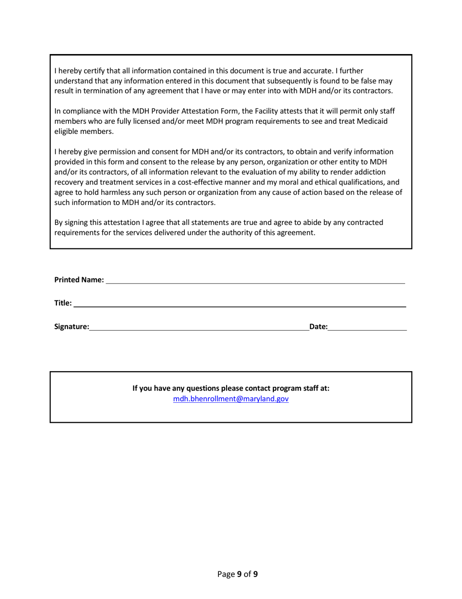 Addendum Cover Page for Maryland Medical Assistance Program Application - Facility / Organization - Pt 54 Imd Residential Sud Adult - Maryland, Page 9