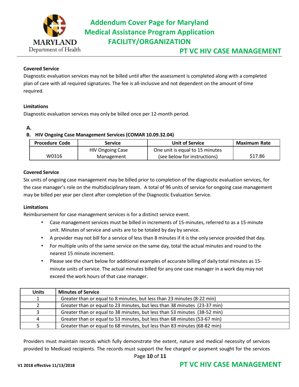 Addendum Cover Page for Maryland Medical Assistance Program Application - Facility / Organization - Pt Vc HIV Case Management - Maryland, Page 10