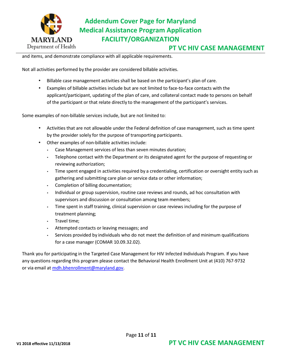 Addendum Cover Page for Maryland Medical Assistance Program Application - Facility / Organization - Pt Vc HIV Case Management - Maryland, Page 11