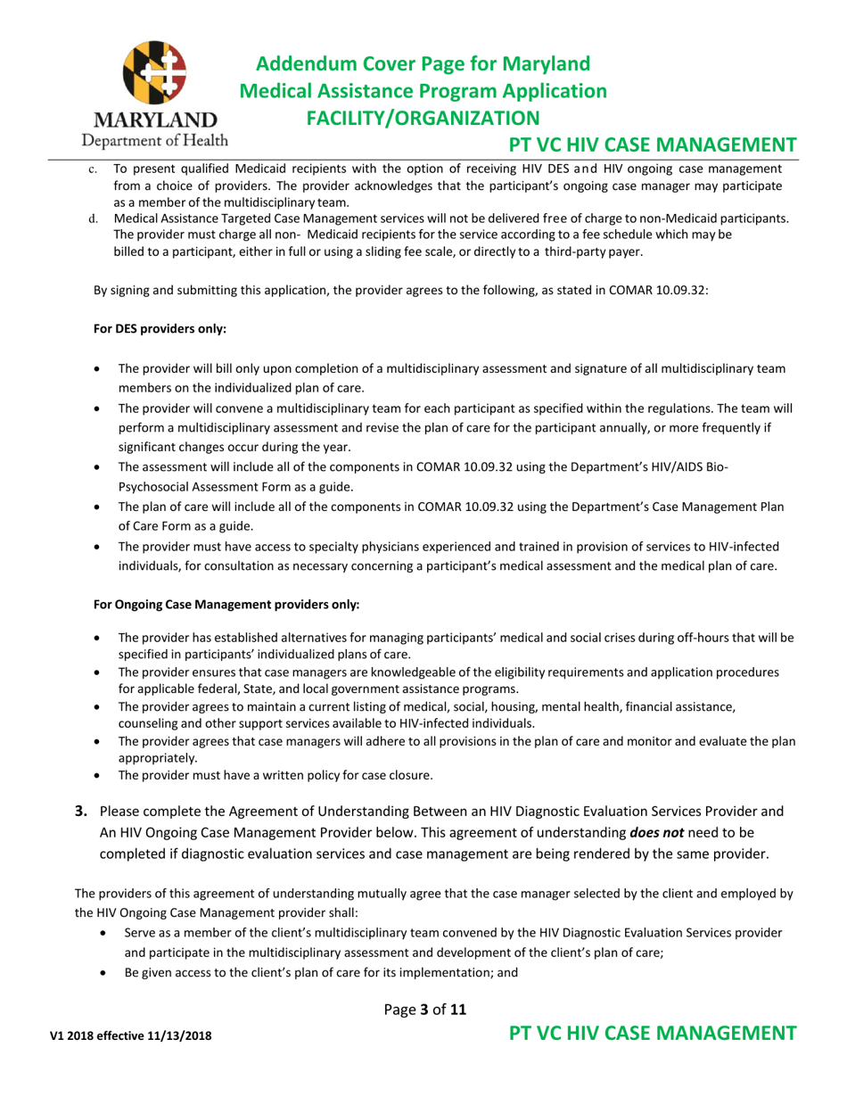 Addendum Cover Page for Maryland Medical Assistance Program Application - Facility / Organization - Pt Vc HIV Case Management - Maryland, Page 3