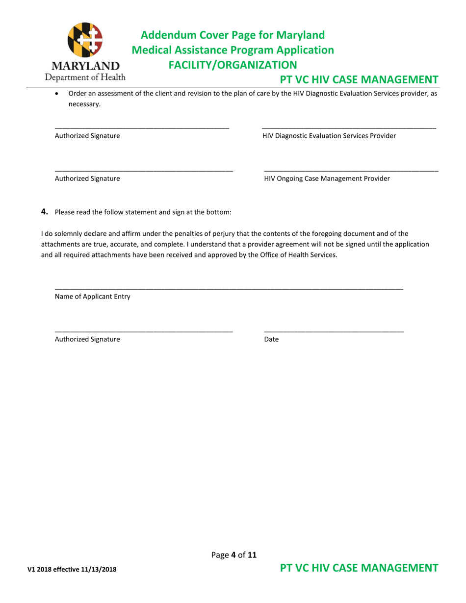 Addendum Cover Page for Maryland Medical Assistance Program Application - Facility / Organization - Pt Vc HIV Case Management - Maryland, Page 4