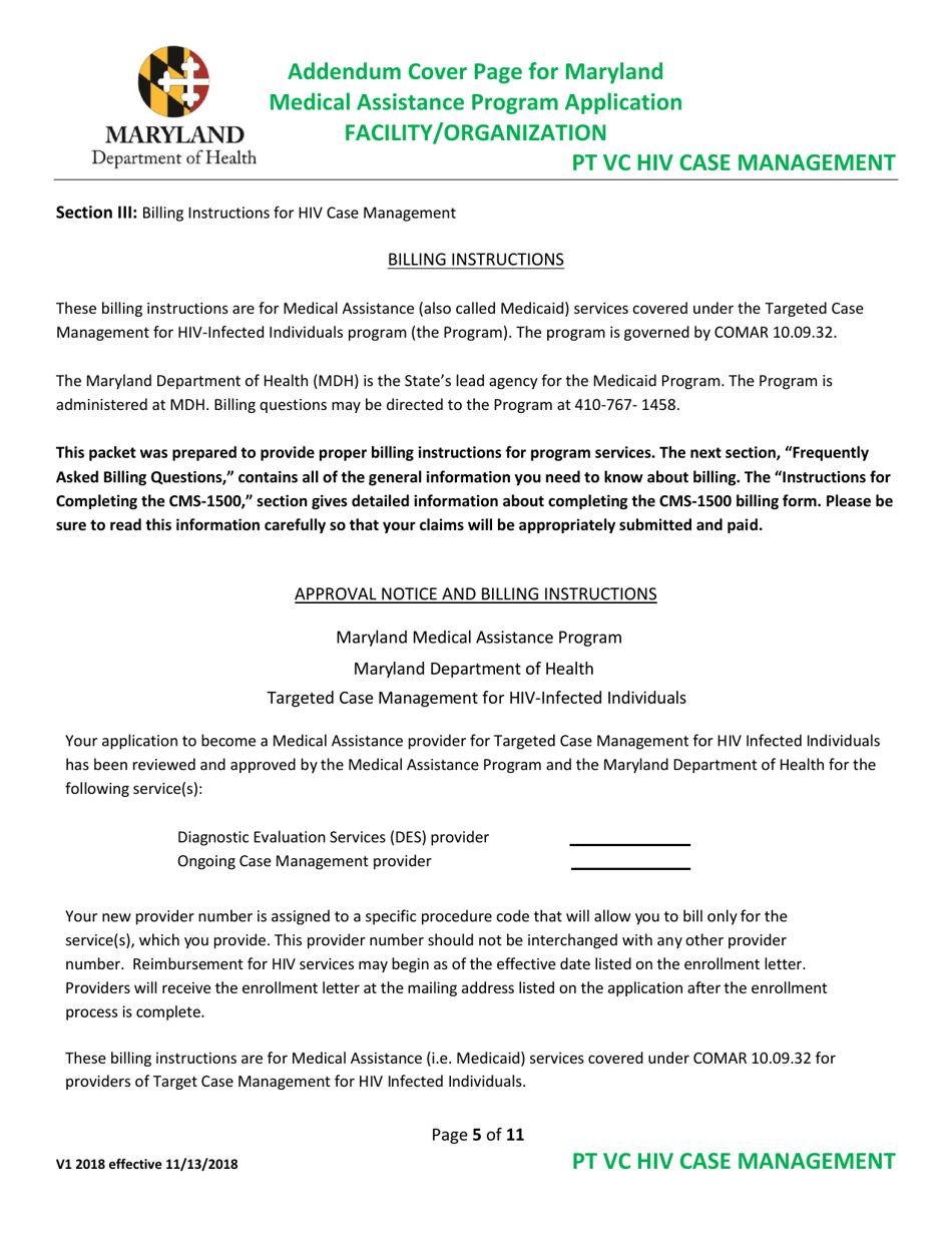 Addendum Cover Page for Maryland Medical Assistance Program Application - Facility / Organization - Pt Vc HIV Case Management - Maryland, Page 5