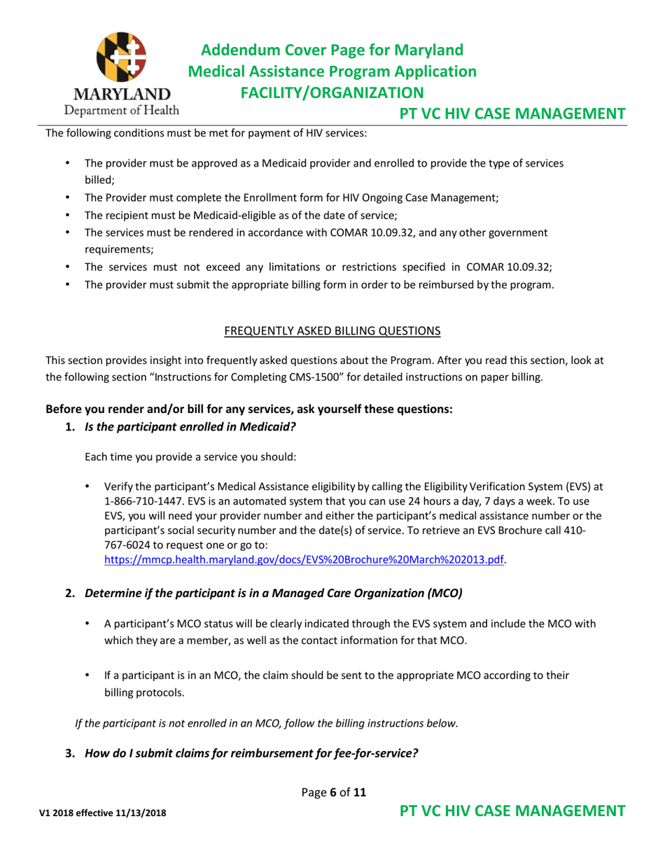Addendum Cover Page for Maryland Medical Assistance Program Application - Facility / Organization - Pt Vc HIV Case Management - Maryland, Page 6