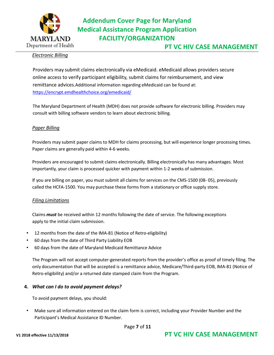 Addendum Cover Page for Maryland Medical Assistance Program Application - Facility / Organization - Pt Vc HIV Case Management - Maryland, Page 7