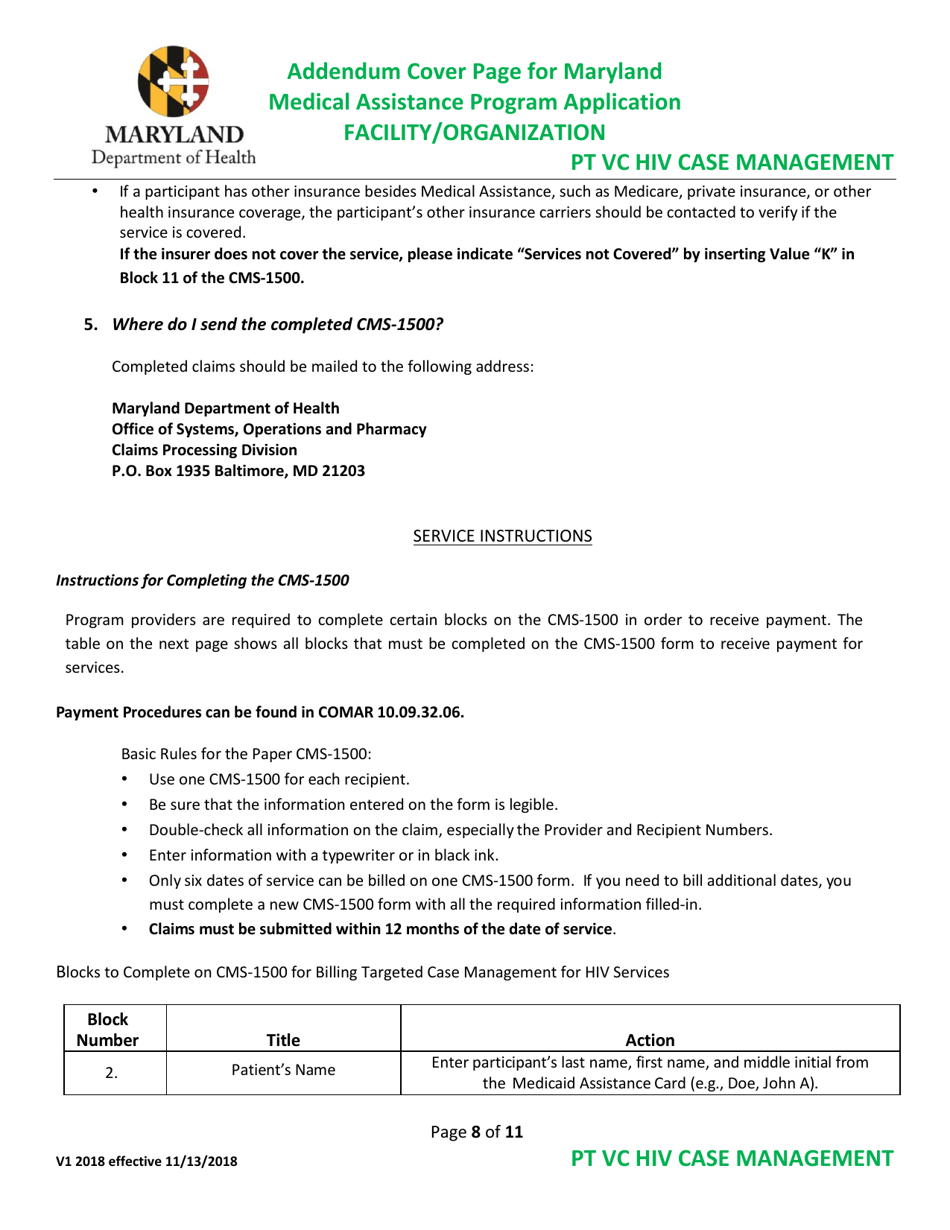 Addendum Cover Page for Maryland Medical Assistance Program Application - Facility / Organization - Pt Vc HIV Case Management - Maryland, Page 8