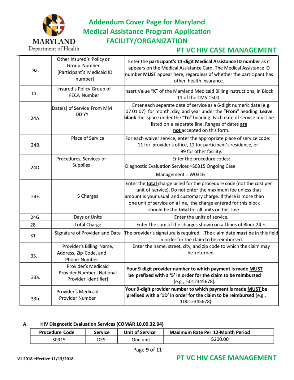 Addendum Cover Page for Maryland Medical Assistance Program Application - Facility / Organization - Pt Vc HIV Case Management - Maryland, Page 9