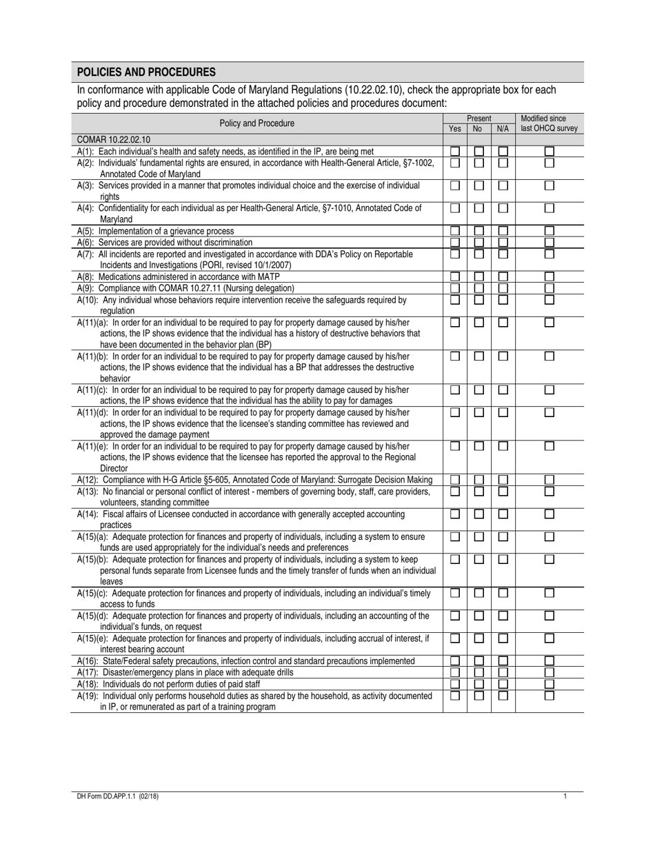 DH Form DD.APP.1.1 Policies and Procedures - Maryland, Page 1