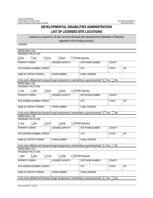 DH Form DD.SITE.1.1 Developmental Disabilities Administration List of Licensed Site Locations - Maryland