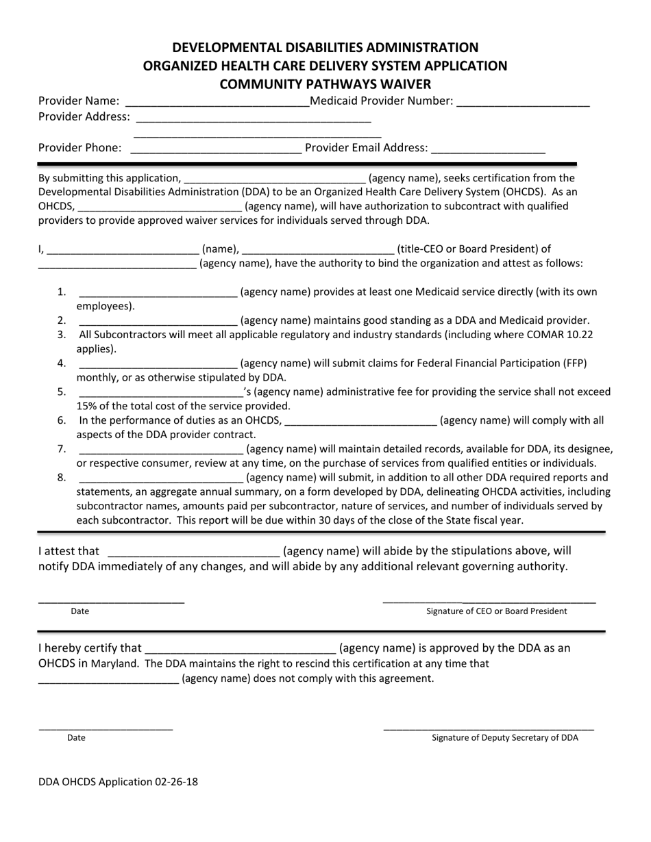 Organized Health Care Delivery System Application - Community Pathways Waiver - Maryland, Page 1