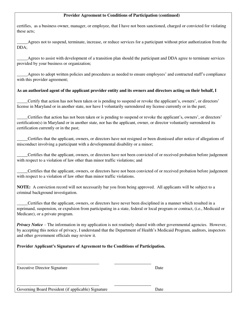 Provider Agreement to Conditions of Participation - Maryland, Page 2