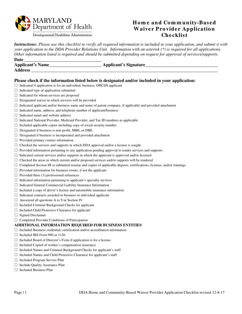 Home and Community-Based Waiver Provider Application Checklist - Maryland Download Pdf