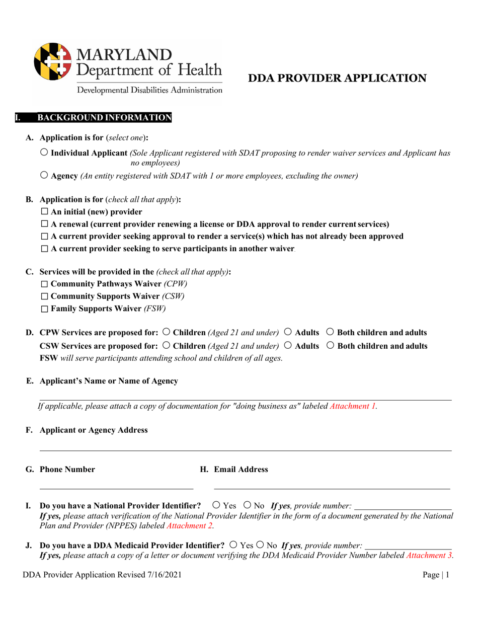 Dda Provider Application - Maryland, Page 1