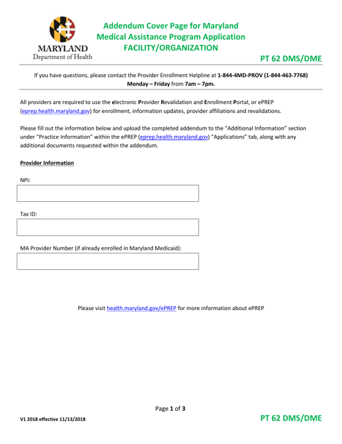 Addendum Cover Page for Maryland Medical Assistance Program Application - Facility / Organization - Pt 62 DMS / Dme - Maryland Download Pdf