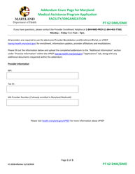 Addendum Cover Page for Maryland Medical Assistance Program Application - Facility/Organization - Pt 62 DMS/Dme - Maryland