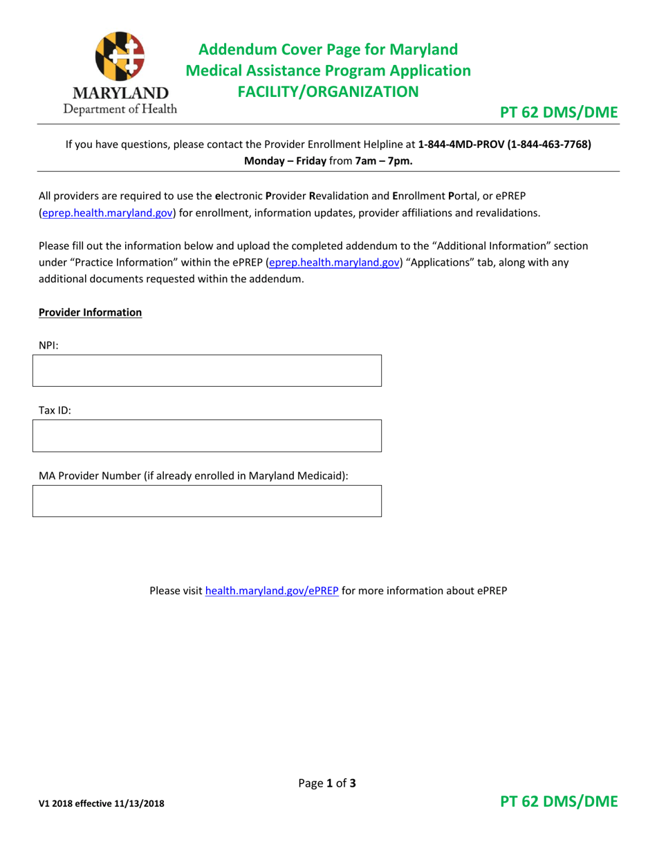 Addendum Cover Page for Maryland Medical Assistance Program Application - Facility / Organization - Pt 62 DMS / Dme - Maryland, Page 1