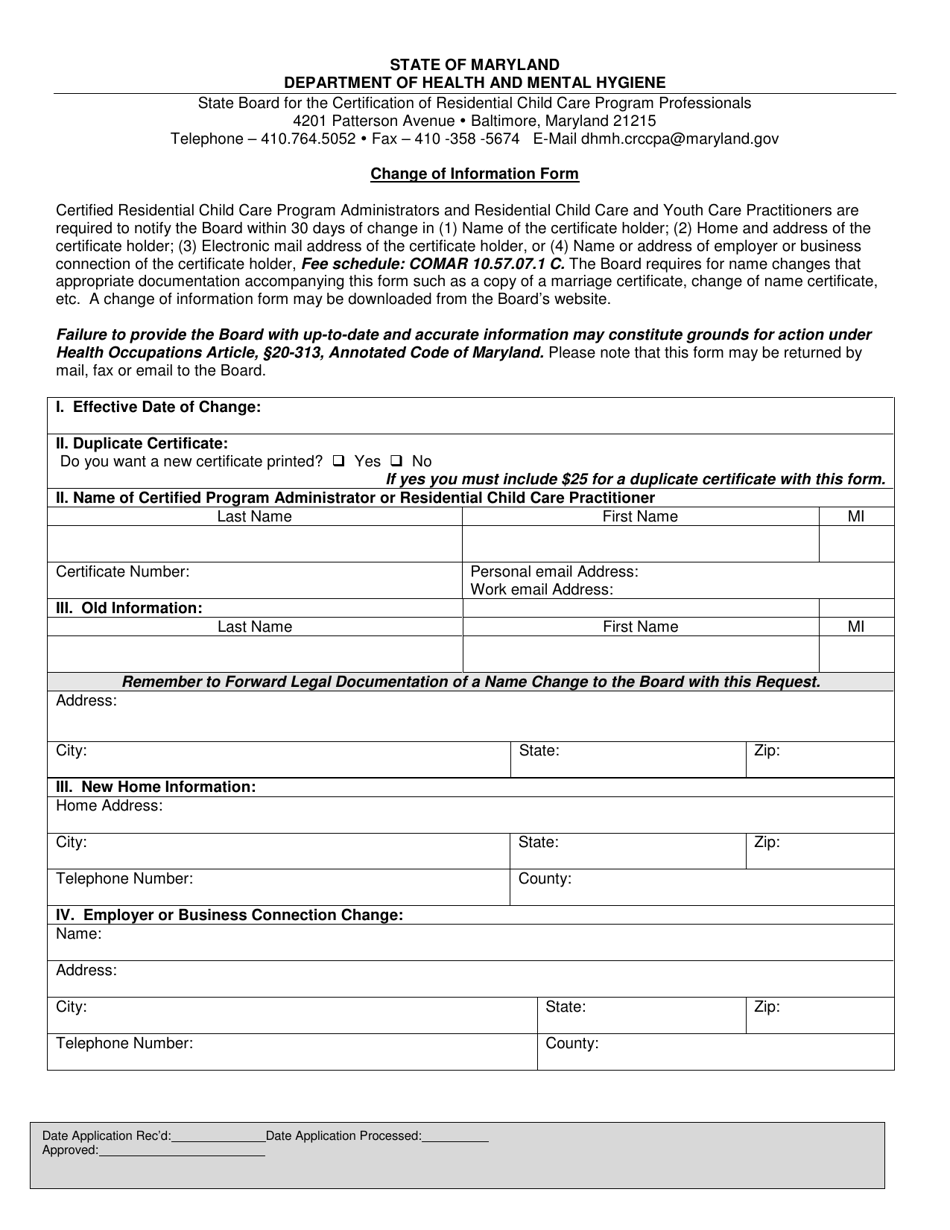 Change of Information Form - Maryland, Page 1