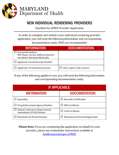 New Individual Rendering Providers Checklist for Eprep Prvodier Application - Maryland Download Pdf