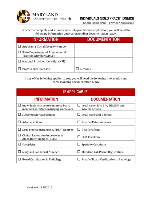 Individuals (Solo Practitioners) Checklist for Eprep Provider Application - Maryland Download Pdf