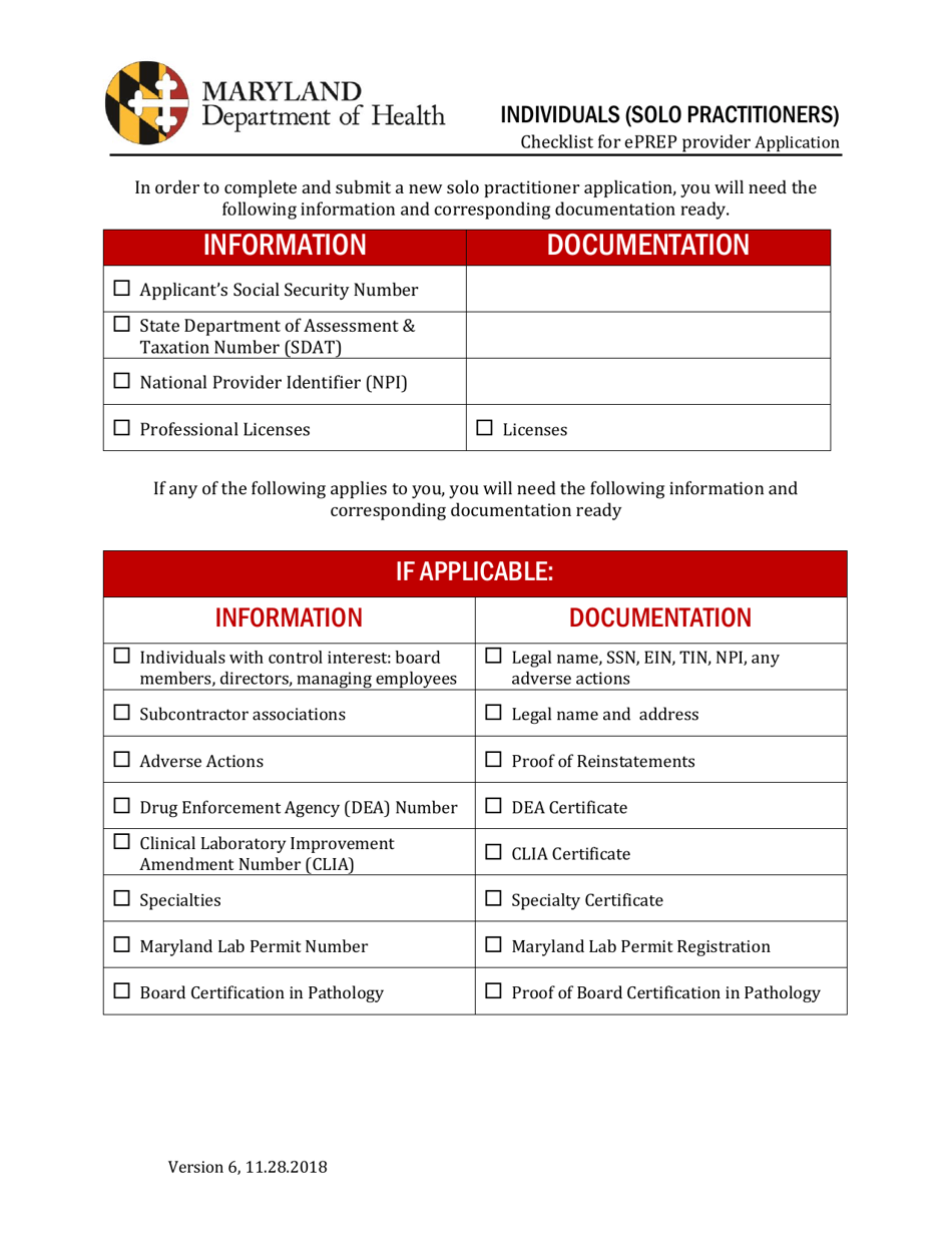 Individuals (Solo Practitioners) Checklist for Eprep Provider Application - Maryland, Page 1