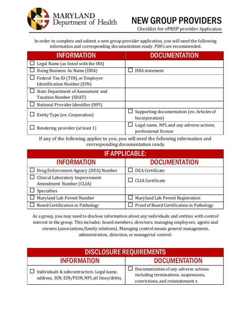 New Group Providers Checklist for Eprep Provider Application - Maryland