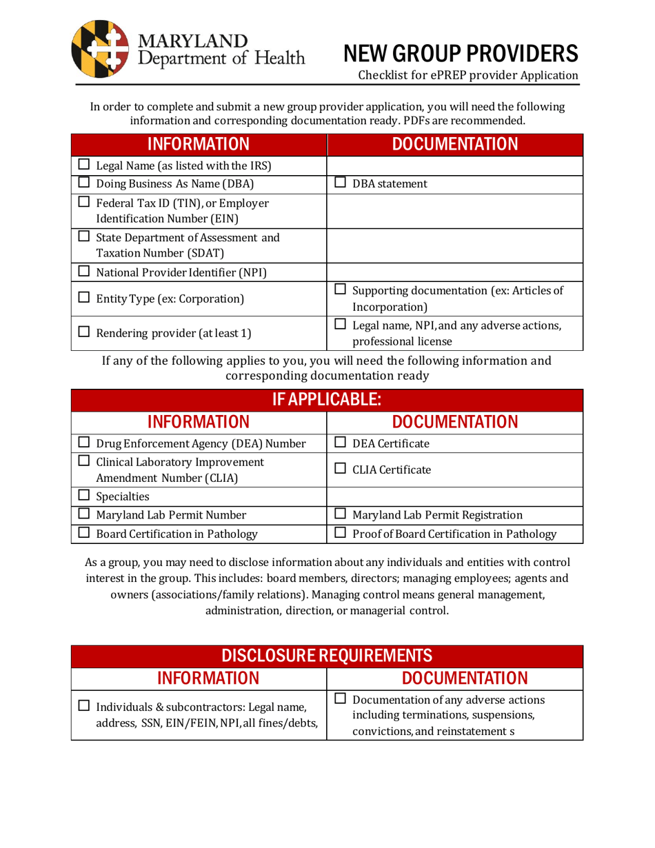 New Group Providers Checklist for Eprep Provider Application - Maryland, Page 1