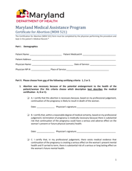 Form MDH521 &quot;Certificate for Abortion - Maryland Medical Assistance Program&quot; - Maryland