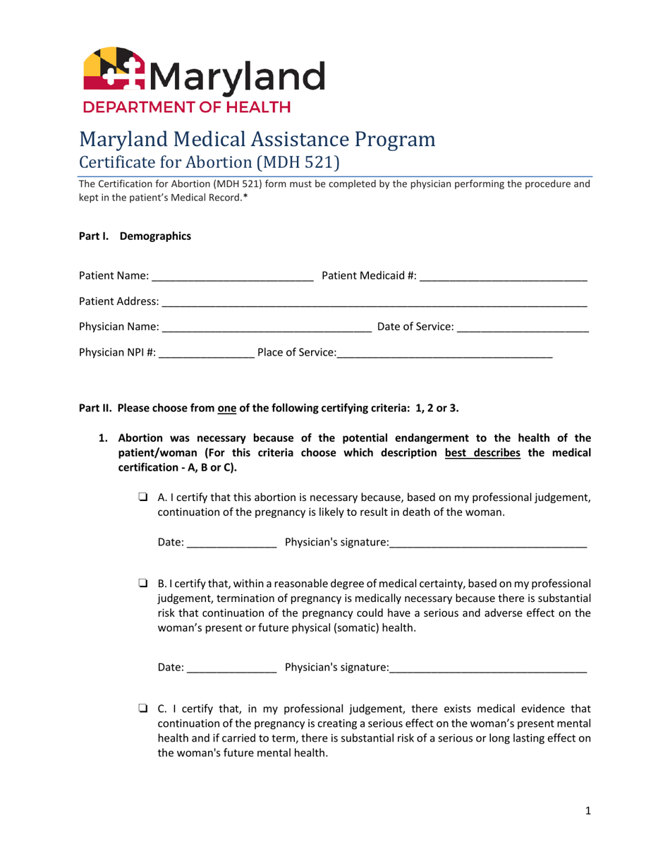 Form MDH521 Certificate for Abortion - Maryland Medical Assistance Program - Maryland, Page 1