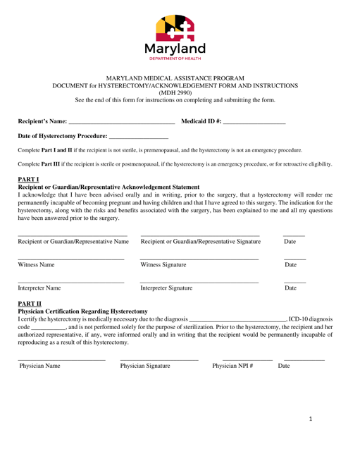 Form MDH2990 Document for Hysterectomy/Acknowledgement Form - Maryland Medical Assistance Program - Maryland