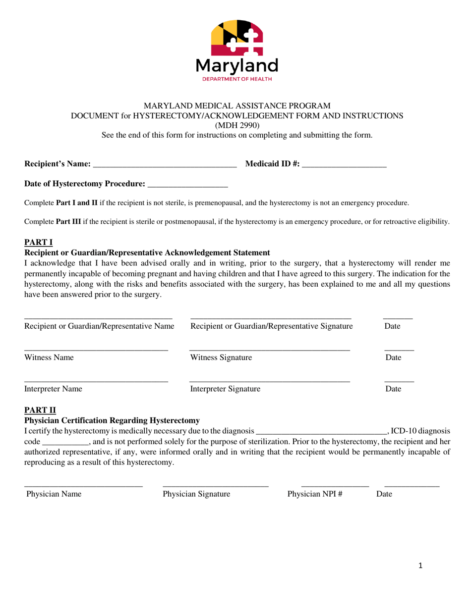 Form MDH2990 Document for Hysterectomy / Acknowledgement Form - Maryland Medical Assistance Program - Maryland, Page 1